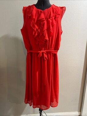 Emma & Michele Coral Ruffle Front Belted Dress